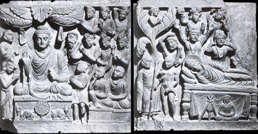 Relief from Gandhara with the-first preaching in first preaching in the deer camp-and the death of Buddha, Kushana.